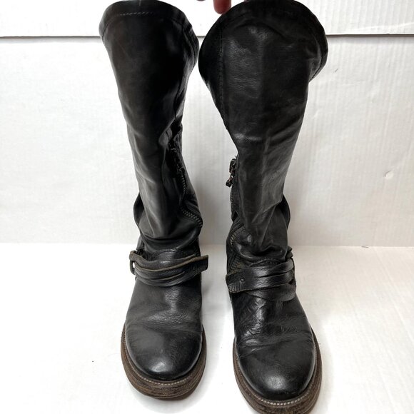 AS98 Leather Moto Boots Size 36 6 6.5 Black Knee High Foldover Cuff Fringe Biker - Picture 3 of 12